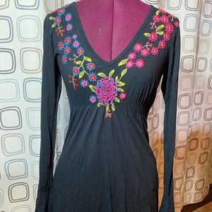 Embroidered L/S Cotton Black Dress